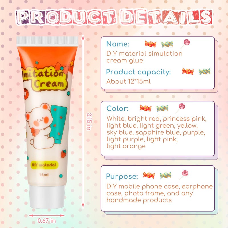 Lineshading 12 Set DIY Phone Case Kit Whipped Cream Glue Kit Include 12 Simulation Cream Glue 15ml with Nozzle 2 Pack Theme Decorations 2 Pack Decorating Accessories for Craft Birthday Gift(Candy) - Image 2