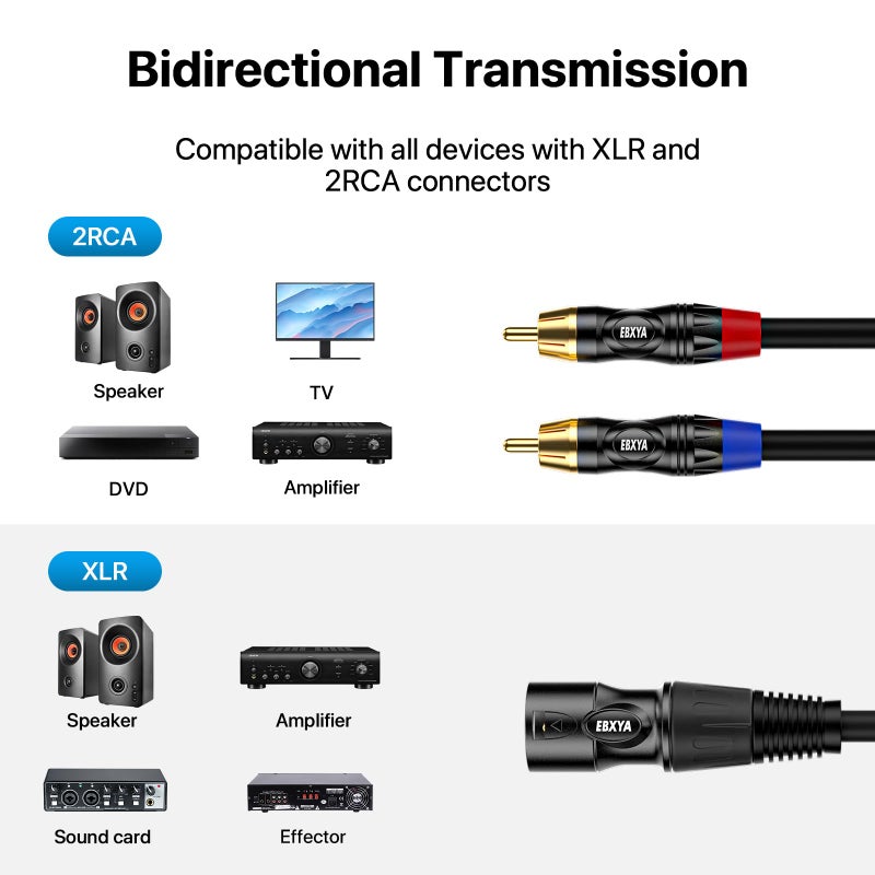 EBXYA كابل EBXYA RCA إلى XLR بطول 6 أقدام، كابل Y مقسم صوتي 2 RCA ذكر إلى XLR مع موصلات مطلية بالذهب لمكبر الصوت، الخلاط، السماعة - Image 4