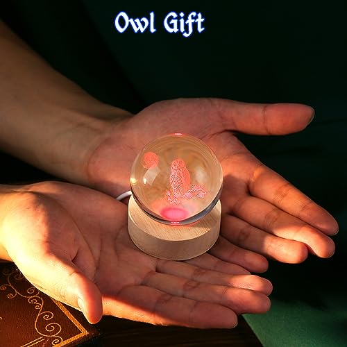 IFOLAINA 3D Owl Crystal Ball 60mm Owl Figurines in Crystal Ball Decor Collectibles Snow Globes Gift Glass Sphere with Wooden Light Base - Image 5