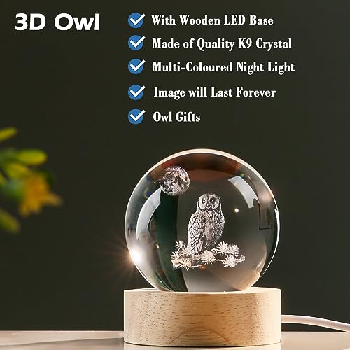 IFOLAINA 3D Owl Crystal Ball 60mm Owl Figurines in Crystal Ball Decor Collectibles Snow Globes Gift Glass Sphere with Wooden Light Base - Image 2