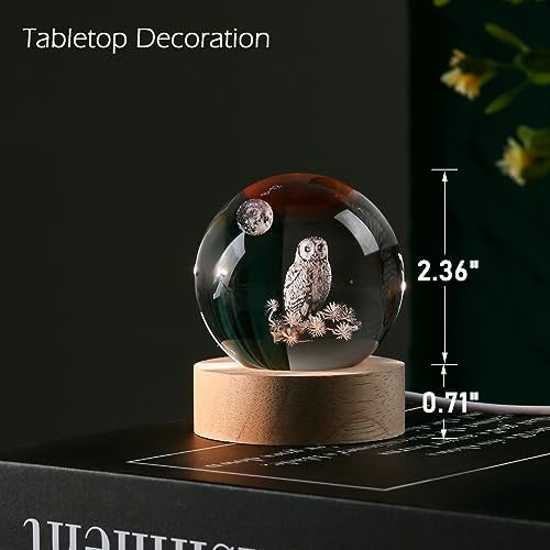 IFOLAINA 3D Owl Crystal Ball 60mm Owl Figurines in Crystal Ball Decor Collectibles Snow Globes Gift Glass Sphere with Wooden Light Base - Image 3