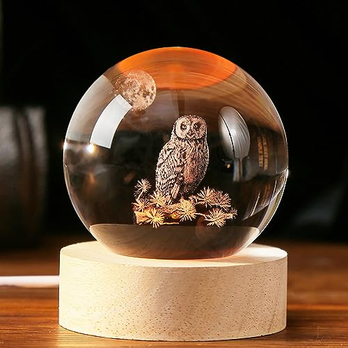 IFOLAINA 3D Owl Crystal Ball 60mm Owl Figurines in Crystal Ball Decor Collectibles Snow Globes Gift Glass Sphere with Wooden Light Base - Image 1
