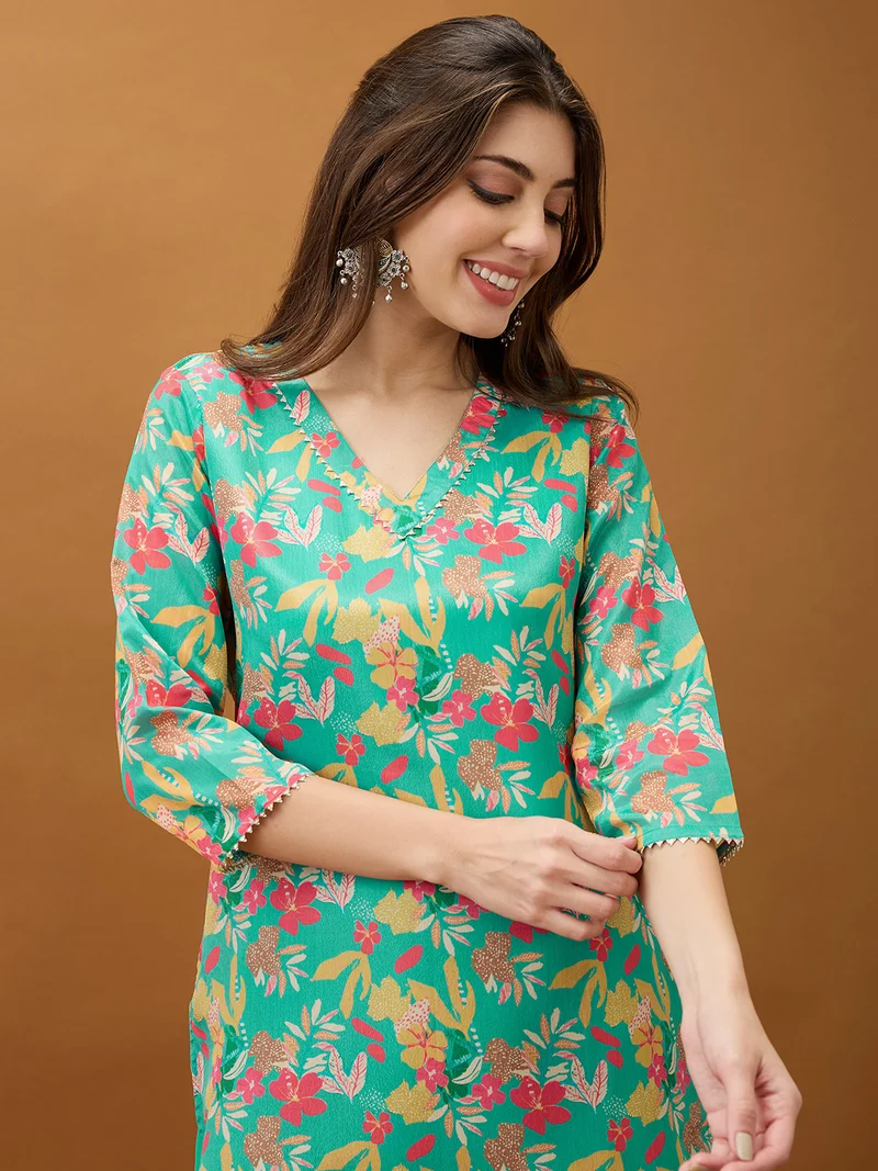 globus Women Green Floral Printed V-Neck Gotta Lace Straight Kurta With Pant Set