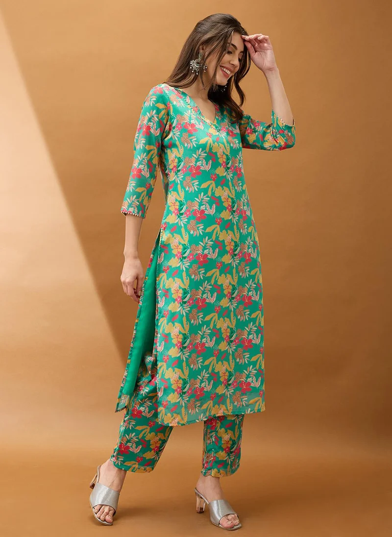 globus Globus Women Green Floral Printed V-Neck Gotta Lace Straight Kurta With Pant Set