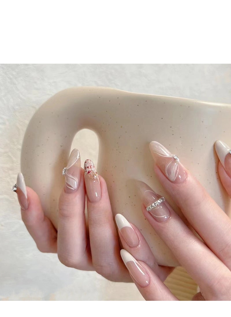 JOSQUEWNN Press On Nails 24pcs,Long Pointed Nail Art French Style Inlaid Diamond Wear Nail.Fake Acrylic Nails With Glue Kit.  - Image 1