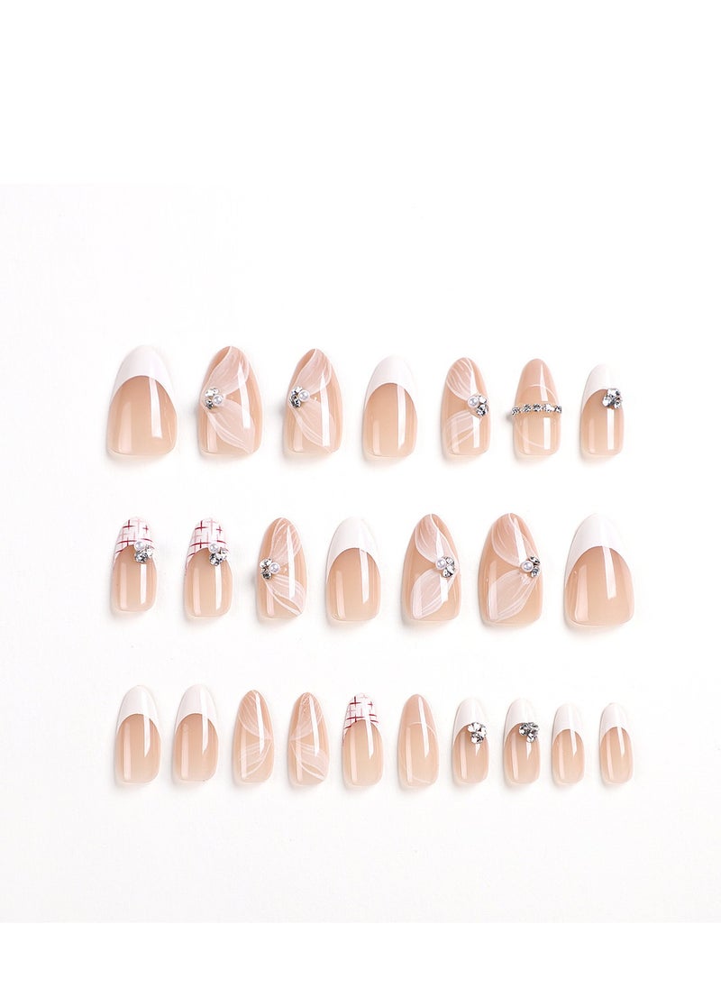 JOSQUEWNN Press On Nails 24pcs,Long Pointed Nail Art French Style Inlaid Diamond Wear Nail.Fake Acrylic Nails With Glue Kit.  - Image 3
