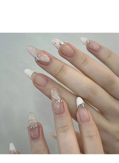 JOSQUEWNN Press On Nails 24pcs,Long Pointed Nail Art French Style Inlaid Diamond Wear Nail.Fake Acrylic Nails With Glue Kit.  - Image 5