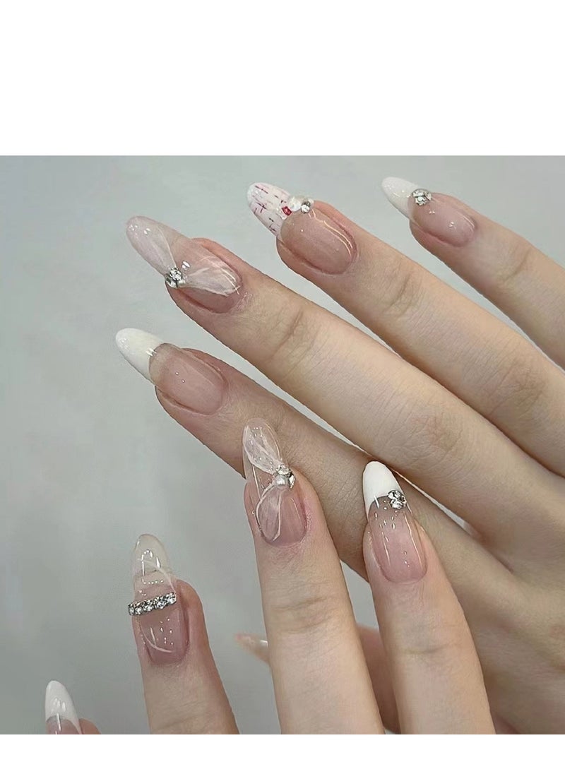 JOSQUEWNN Press On Nails 24pcs,Long Pointed Nail Art French Style Inlaid Diamond Wear Nail.Fake Acrylic Nails With Glue Kit.  - Image 5