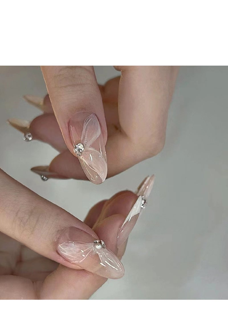 Press On Nails 24pcs,Long Pointed Nail Art French Style Inlaid Diamond Wear Nail.Fake Acrylic Nails With Glue Kit.