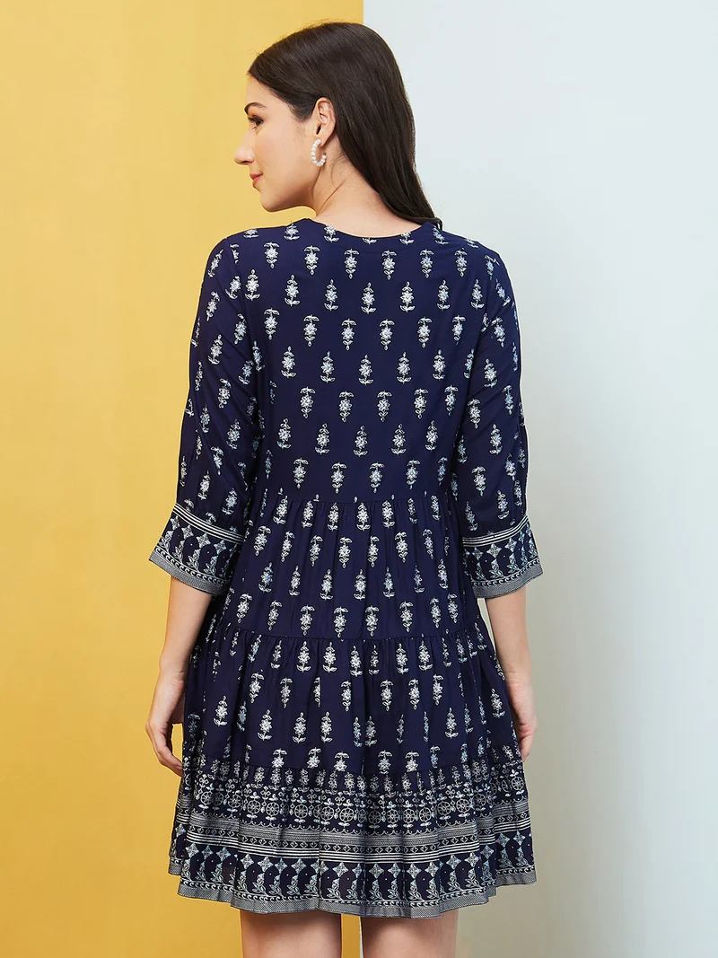globus Globus Women Navy Blue Floral Printed Tie-Up Neck Gathered A-Line Dress