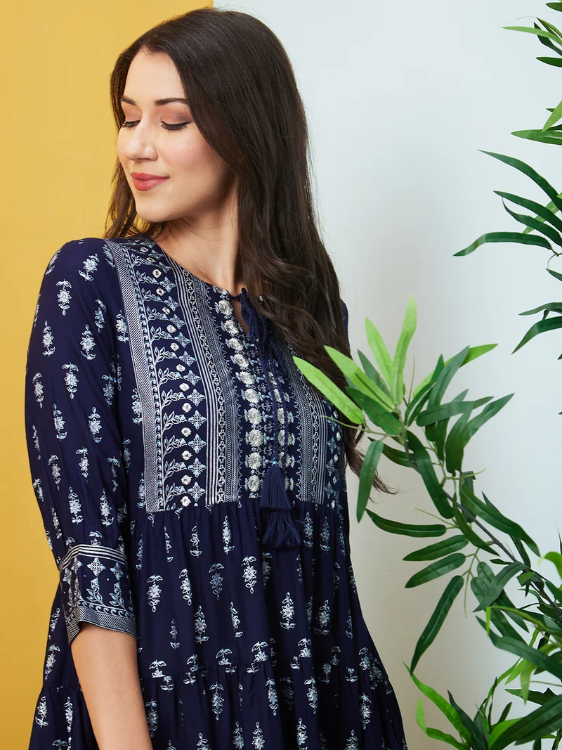globus Globus Women Navy Blue Floral Printed Tie-Up Neck Gathered A-Line Dress