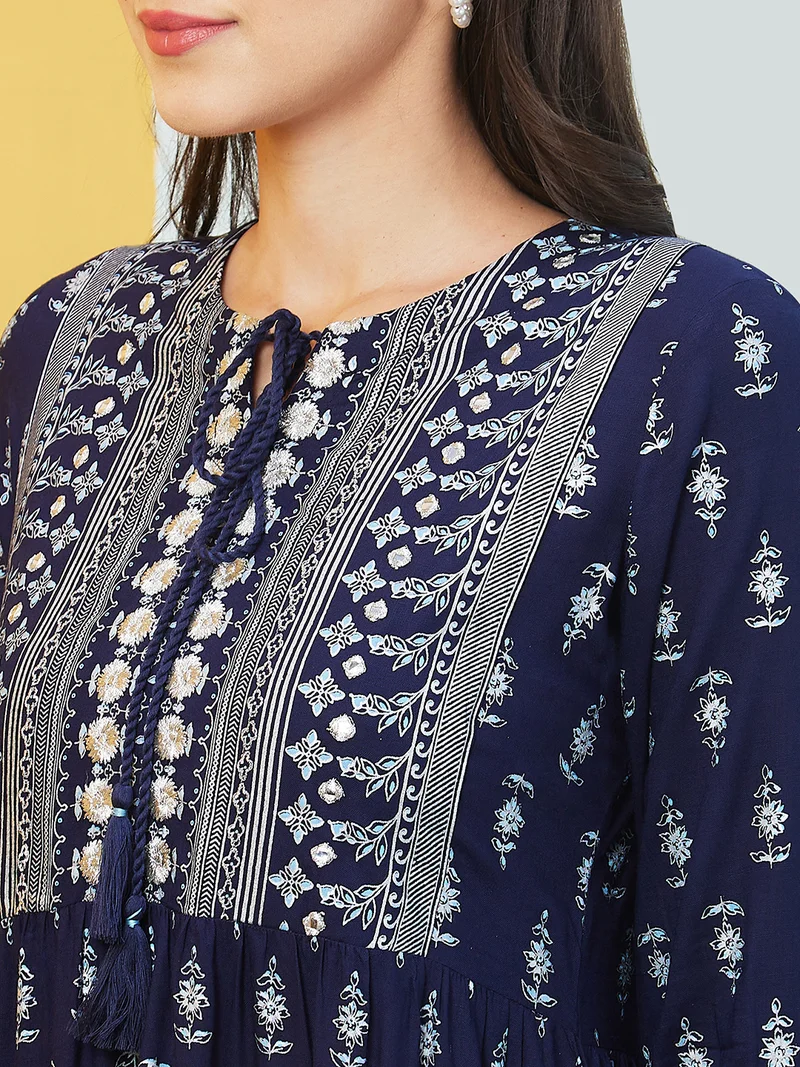 globus Globus Women Navy Blue Floral Printed Tie-Up Neck Gathered A-Line Dress