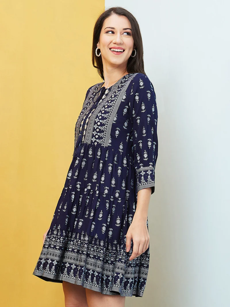 globus Globus Women Navy Blue Floral Printed Tie-Up Neck Gathered A-Line Dress