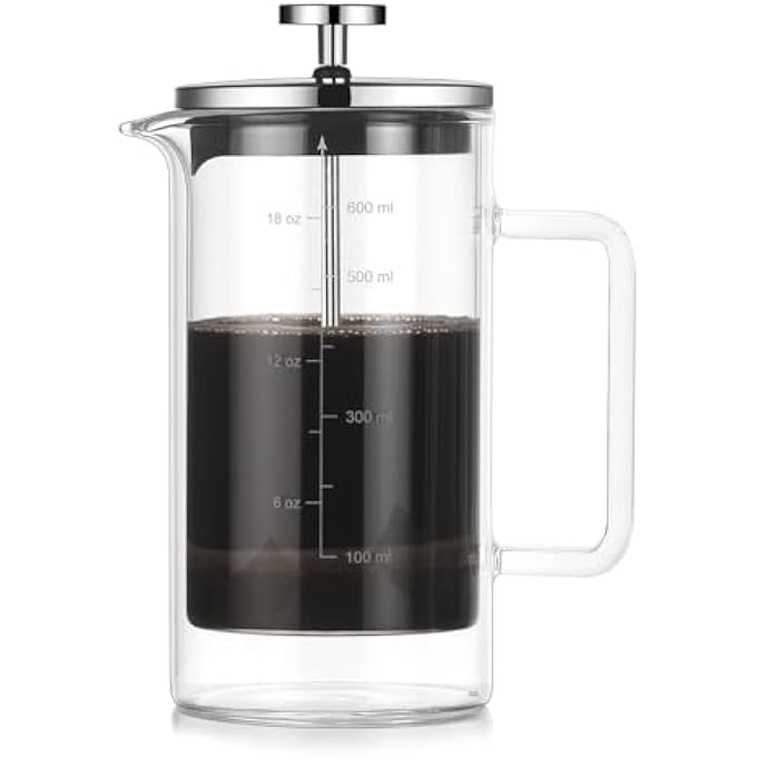أوركيد ماكينة صنع القهوة الفرنسية ذات الجدار المزدوج بسعة 600 مل ومقبض زجاجي وقاعدة سيليكون غير قابلة للانزلاق وزجاج مقاوم للحرارة ووعاء تحضير الشاي وإبريق قهوة مع مقياس - Image 1