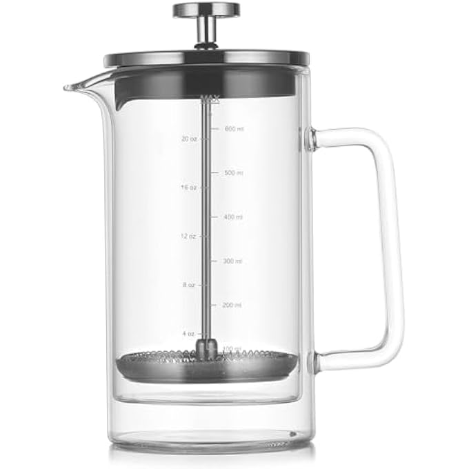 أوركيد ماكينة صنع القهوة الفرنسية ذات الجدار المزدوج بسعة 600 مل ومقبض زجاجي وقاعدة سيليكون غير قابلة للانزلاق وزجاج مقاوم للحرارة ووعاء تحضير الشاي وإبريق قهوة مع مقياس - Image 2