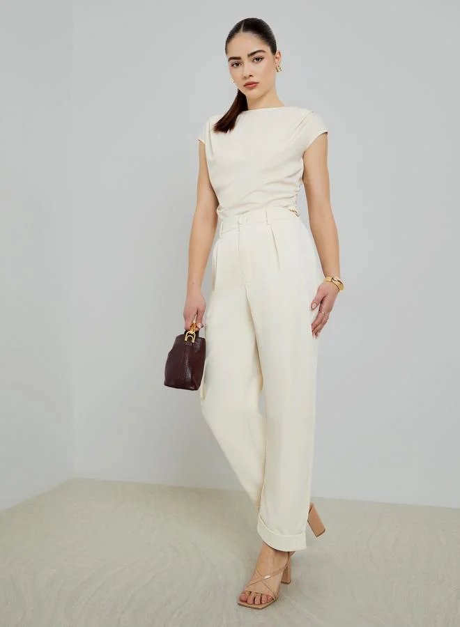 Styli  Cream Wide Leg Trousers for Women | Best Price UAE