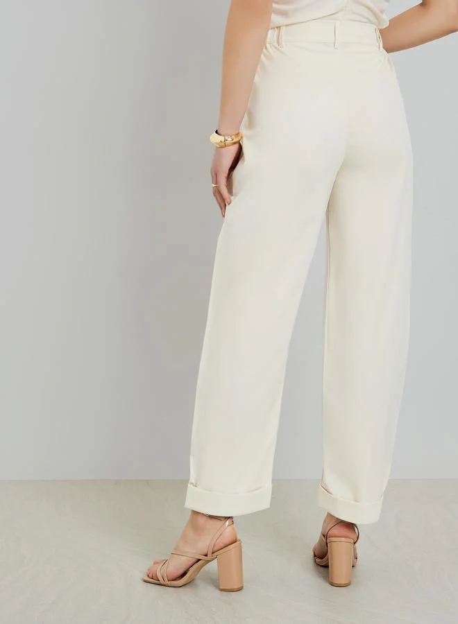 Styli  Cream Wide Leg Trousers for Women | Best Price UAE