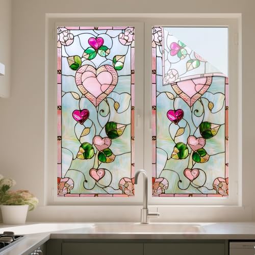 IVN Stained Glass Window Film Pink Heart Floral Design 17.7x39.3 inch Window Privacy Film Stained Decals Static Cling Sun Blocking Decor for Home Office Windows Door Glass Partitions - Image 5