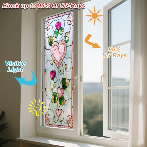 IVN Stained Glass Window Film Pink Heart Floral Design 17.7x39.3 inch Window Privacy Film Stained Decals Static Cling Sun Blocking Decor for Home Office Windows Door Glass Partitions - Image 4