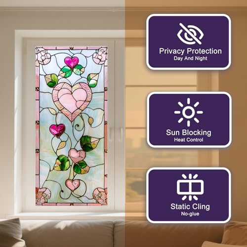 IVN Stained Glass Window Film Pink Heart Floral Design 17.7x39.3 inch Window Privacy Film Stained Decals Static Cling Sun Blocking Decor for Home Office Windows Door Glass Partitions - Image 2