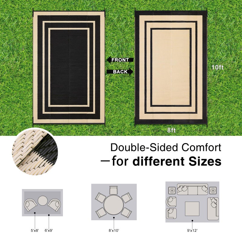 OLANLY Outdoor Rug 8x10 ft Waterproof, Reversible Outdoor Plastic Straw Rug, RV Mat, Indoor Outdoor Carpet Clearance for Patio, Camping, Balcony, Deck, Backyard, Black & Beige - Image 2