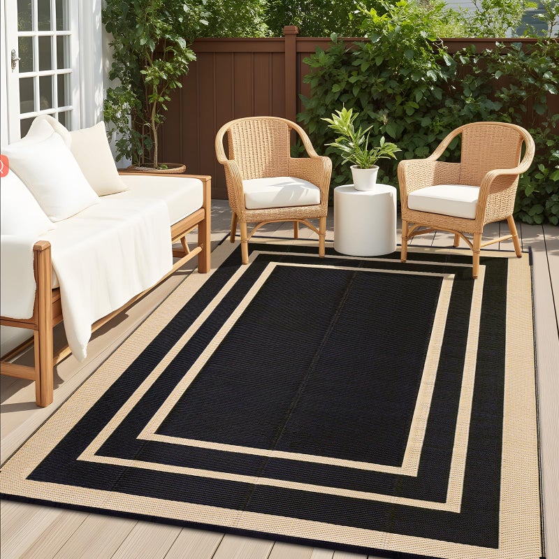 OLANLY Outdoor Rug 8x10 ft Waterproof, Reversible Outdoor Plastic Straw Rug, RV Mat, Indoor Outdoor Carpet Clearance for Patio, Camping, Balcony, Deck, Backyard, Black & Beige - Image 1