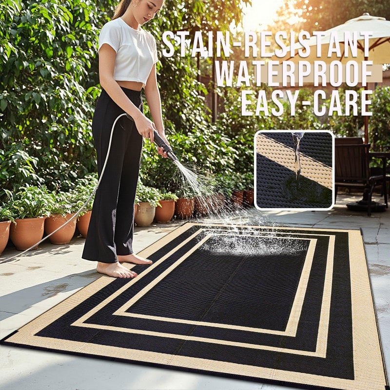 OLANLY Outdoor Rug 8x10 ft Waterproof, Reversible Outdoor Plastic Straw Rug, RV Mat, Indoor Outdoor Carpet Clearance for Patio, Camping, Balcony, Deck, Backyard, Black & Beige - Image 3