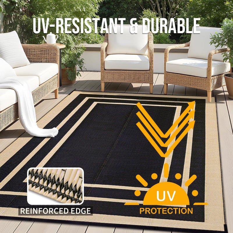OLANLY Outdoor Rug 8x10 ft Waterproof, Reversible Outdoor Plastic Straw Rug, RV Mat, Indoor Outdoor Carpet Clearance for Patio, Camping, Balcony, Deck, Backyard, Black & Beige - Image 4