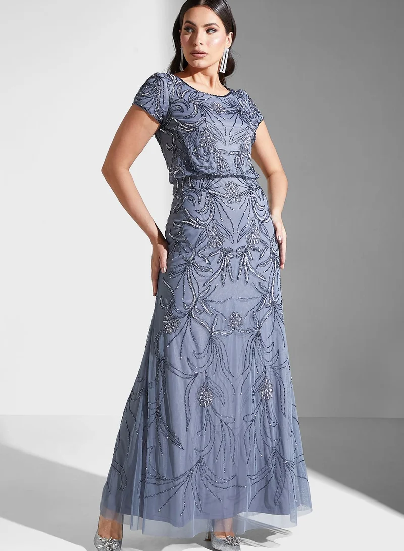 fully embroidered dress Fully Embroidered Greige Tulle Dress by Tony Ward – Elilhaam main image 0