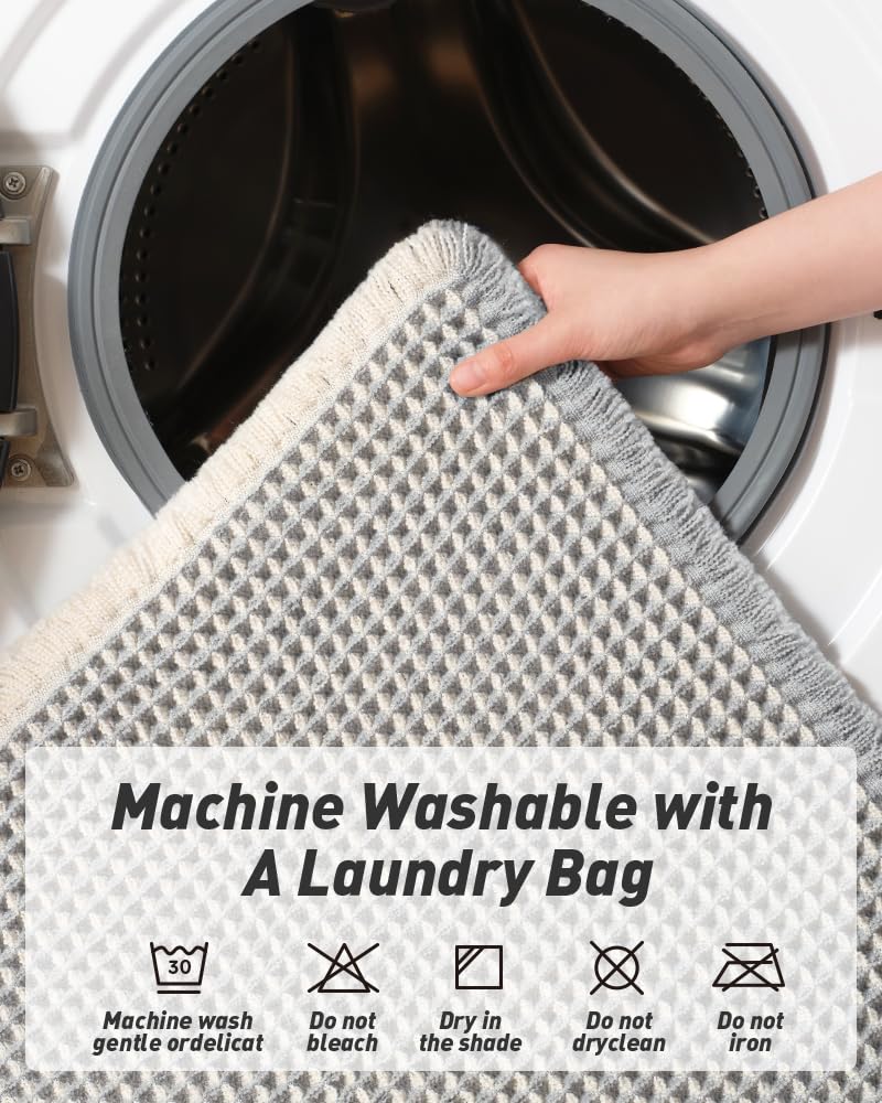 AMOAMI Upgraded Waffle Runner Rug Super Absorbent Non Slip Bath Mats for Bathroom Machine Washable Bathroom Runner Rug with Tassels, Ideal for Hallway Bedroom Laundry Room, 2' x 5', LightGrey & Cream - Image 5