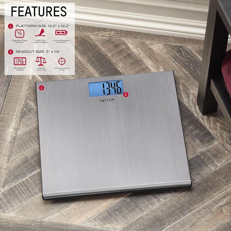 Taylor Digital Scales for Body Weight ExtraHigh 440 lb Capacity Thin Profile Unique Blue LCD Glass Platform 122 x 122 Inches Stainless Steel - Image 4