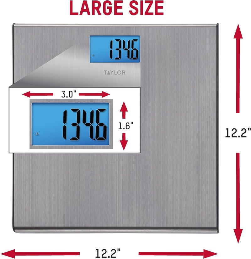 Taylor Digital Scales for Body Weight ExtraHigh 440 lb Capacity Thin Profile Unique Blue LCD Glass Platform 122 x 122 Inches Stainless Steel - Image 3