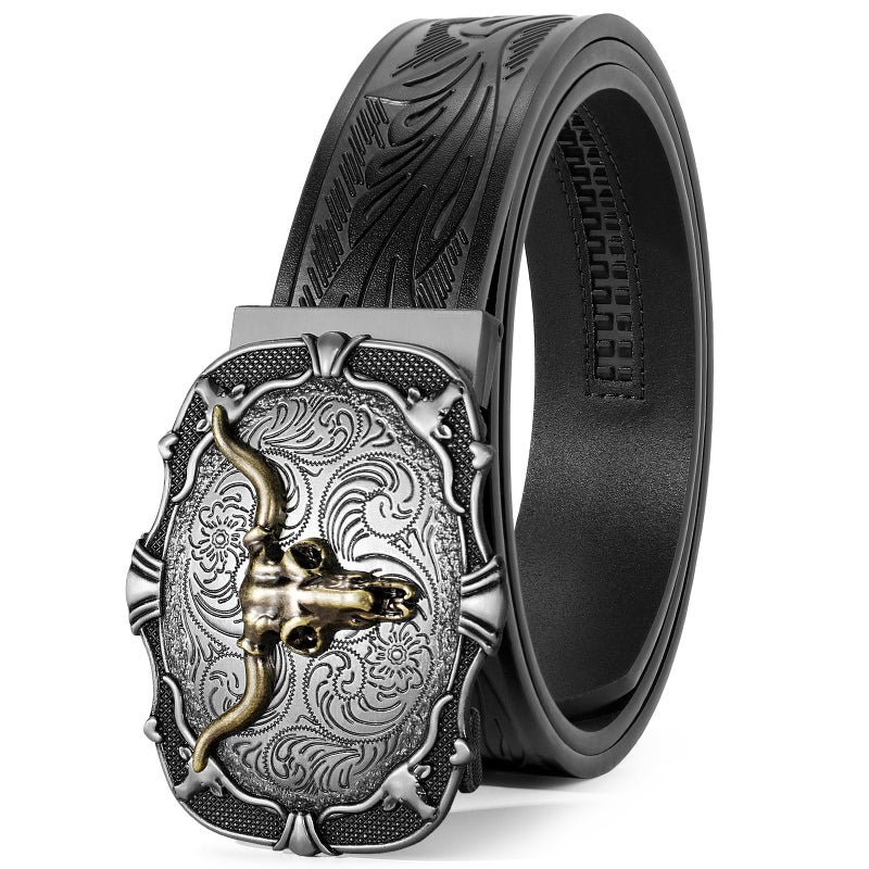 SANSTHS Ratchet Cowboy Belt Western Ratcheting Belts for Men Ratchet Western Belt with Automatic Cowboy Buckle Bronze BullBlack - Image 2