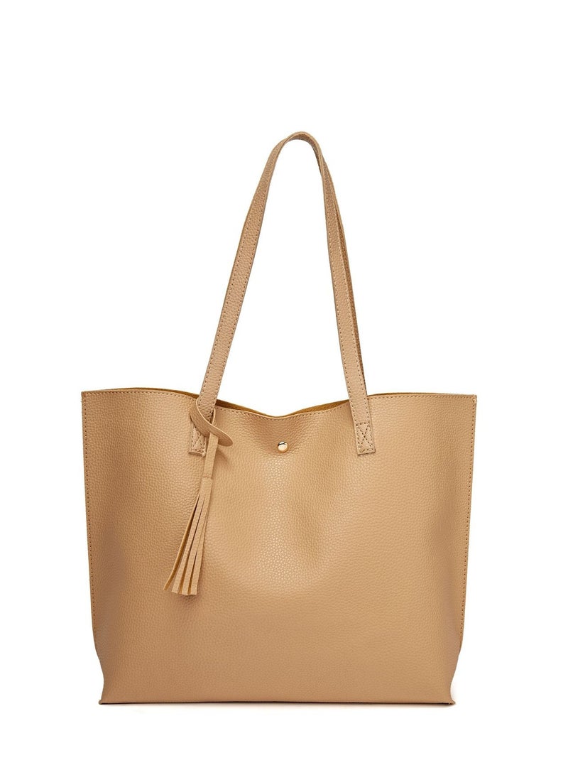 Large Capacity Faux Leather Bag Tote Mocha Beige  - Image 1