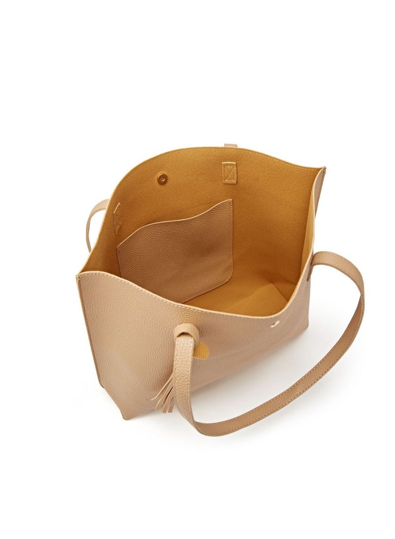 Large Capacity Faux Leather Bag Tote Mocha Beige  - Image 4