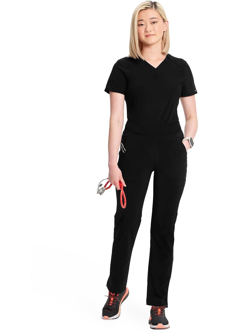 Cherokee Infinity Women's Scrub Pant Mid Rise Tapered Leg Pull-on Bottom with Moisture Wicking & 360° Stretch Fabric CK065A, L, Black - Image 3