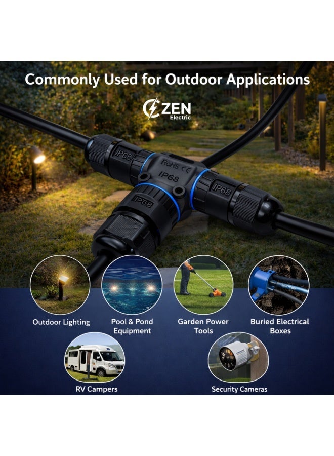 CZEN Electric IP68 Waterproof T-Type Cable Connector M20 (1–2.5 mm²), 3 Core 3 Pole Electrical Junction Connector, Cable OD 6–10 mm, -40°C to +125°C, Outdoor, Underground, Solar, Garden, LED, Street Lighting - Image 3
