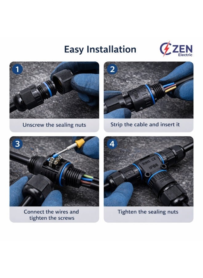 CZEN Electric IP68 Waterproof T-Type Cable Connector M20 (1–2.5 mm²), 3 Core 3 Pole Electrical Junction Connector, Cable OD 6–10 mm, -40°C to +125°C, Outdoor, Underground, Solar, Garden, LED, Street Lighting - Image 5