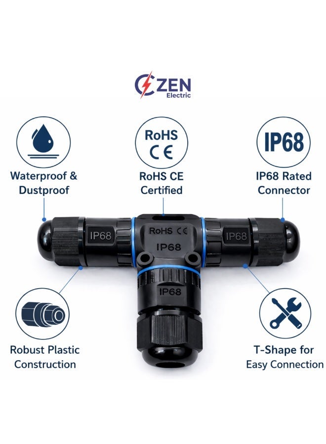 CZEN Electric IP68 Waterproof T-Type Cable Connector M20 (1–2.5 mm²), 3 Core 3 Pole Electrical Junction Connector, Cable OD 6–10 mm, -40°C to +125°C, Outdoor, Underground, Solar, Garden, LED, Street Lighting - Image 2