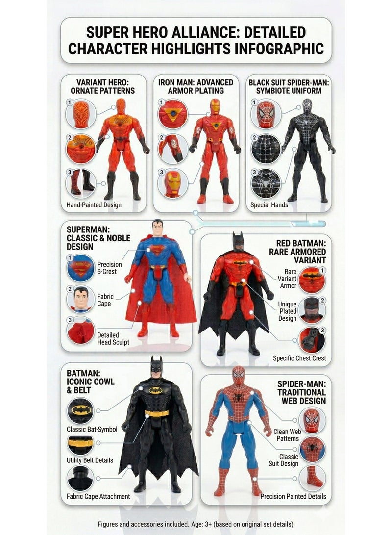 AVENGERS 7-Pack Superhero Action Figures Toy Set – 5-Inch Articulated Comic Characters Alliance includes Superman, Batman, Spider-Man & Iron Man – Light-Up Hero Toys with Fabric Capes | Best Birthday, Eid & Success Gift for Boys & Kids Ages 3+ - Image 3