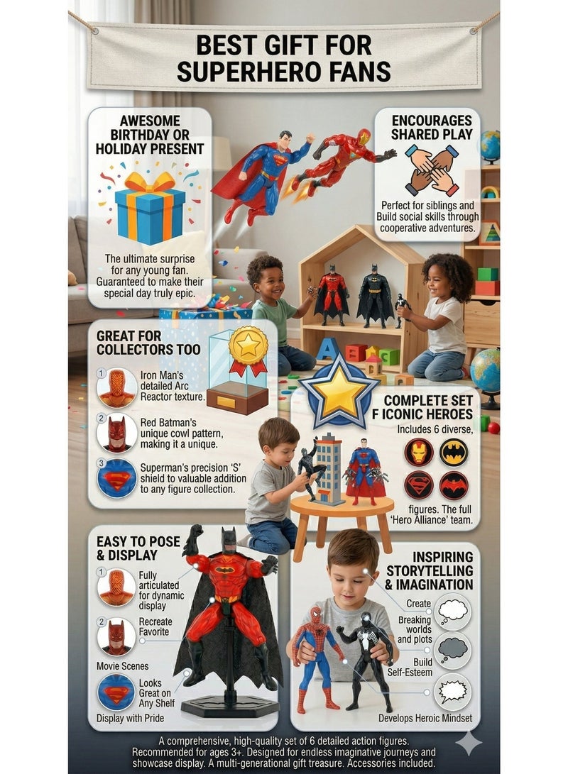 AVENGERS 7-Pack Superhero Action Figures Toy Set – 5-Inch Articulated Comic Characters Alliance includes Superman, Batman, Spider-Man & Iron Man – Light-Up Hero Toys with Fabric Capes | Best Birthday, Eid & Success Gift for Boys & Kids Ages 3+ - Image 4