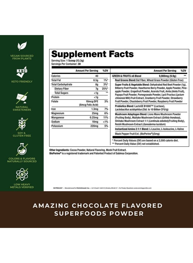 Nutrology Greens & Fruits Powder Naturally Sourced Fruits Vegetables Greens Beet Powder & Mushroom Blend Probiotics Digestive Enzymes Fiber Antioxidants Immune Support Chocolate (30 Servings) - Image 3