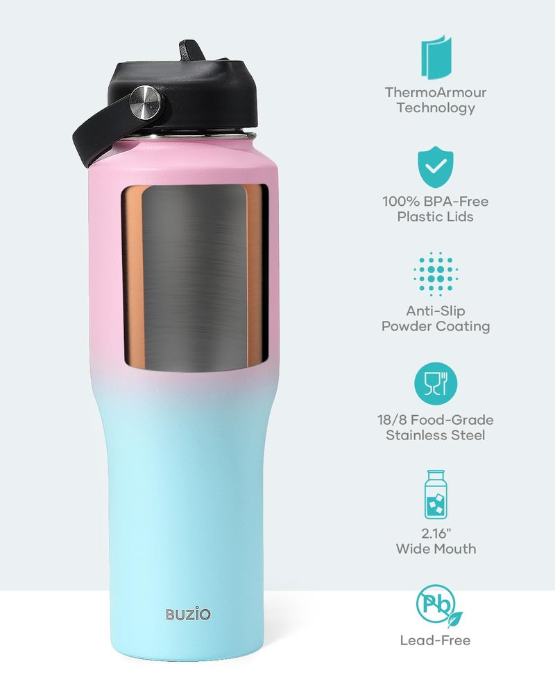 BUZIO BUZIO Stainless Steel Water Bottle Vacuum Insulated (Cold for 48 Hrs  Hot for 24 Hrs) 32oz Tumbler Travel Flask with Straw Lid and Flex Cap  Fit in Any Car Cup Holder Bubble Gum  - Image 5