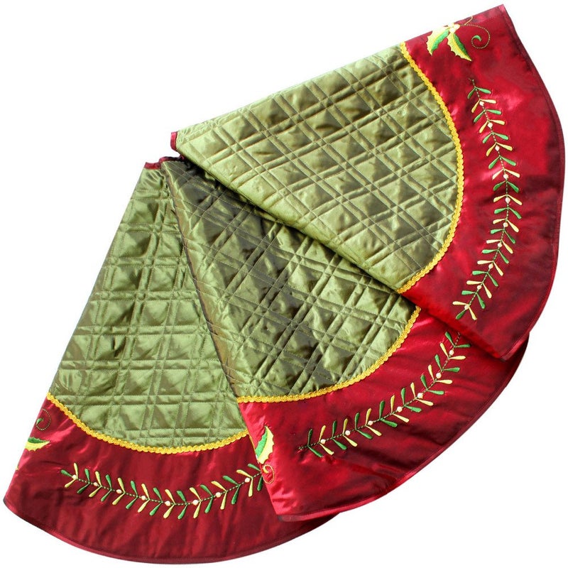 ONGLYP XSem Quilted Faux Silk Christmas Tree Skirt Holly Leaves Embroidery Border  50Inch 