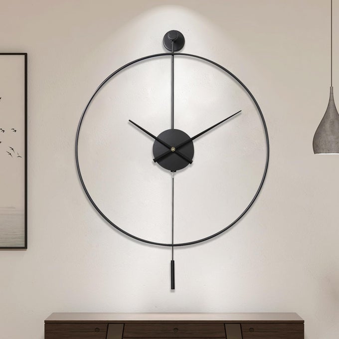 CLASSICAL LARGE DECORATIVE WALL CLOCK WITH PENDULUM MODERN NONTICKING SILENT METAL WALL CLOCKS FOR LIVING ROOM BEDROOM STUDY OFFICE 24IN60CMBLACK