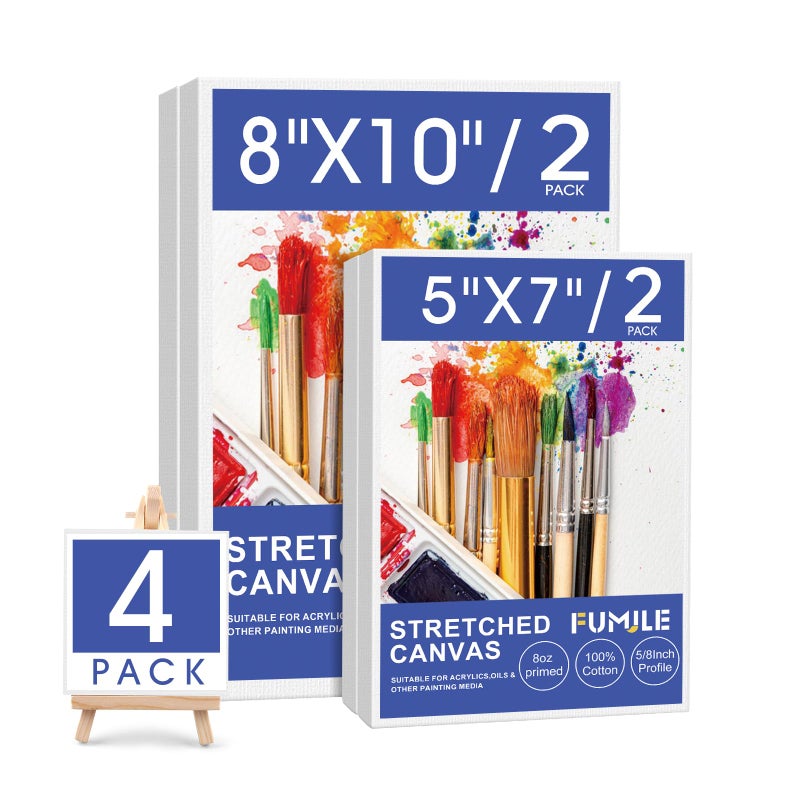 FUMILE Stretched Canvas for Painting, Canvases for Painting Multi 4 Pack 5x7,8x10 (2 of Each), Cotton Primed Acid Free Blank Canvases for Painting for Oil Paint, Acrylic Paint, Gouache and Tempera. - Image 1