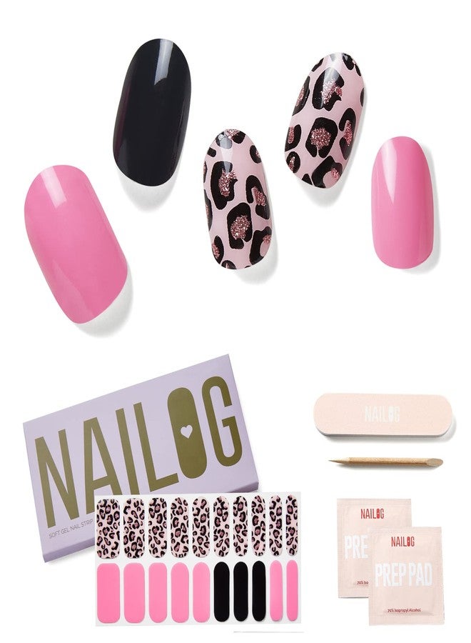 NAILOG Semi Cured Gel Nail Strips (20 Extra Long Polish Stickers/Wraps) │ Glossy & Long Lasting Soft Gel Finishing │Pink Leopard - Image 1