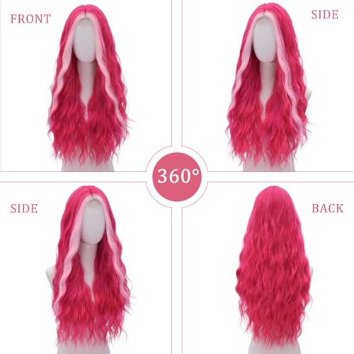WECAN Hot Pink WigLong pink Wigs for Women Natural Wavy Synthetic Wig Heat Resistant Fiber Wigs for Daily Party Halloween Cosplay - Image 3