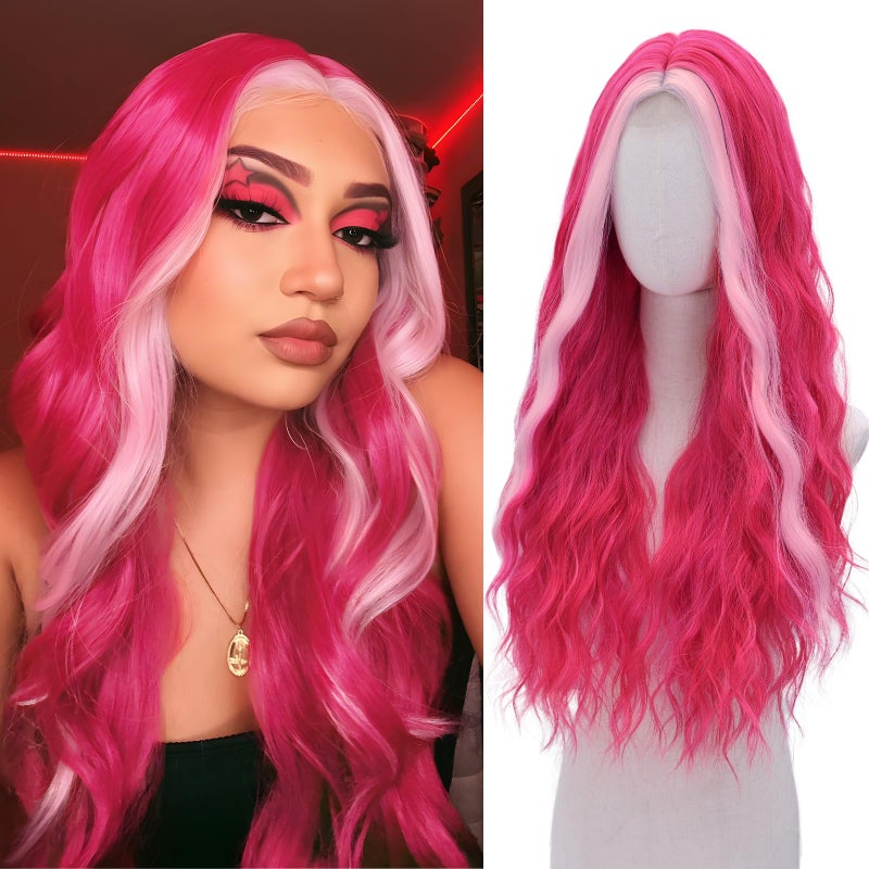 WECAN Hot Pink WigLong pink Wigs for Women Natural Wavy Synthetic Wig Heat Resistant Fiber Wigs for Daily Party Halloween Cosplay - Image 2