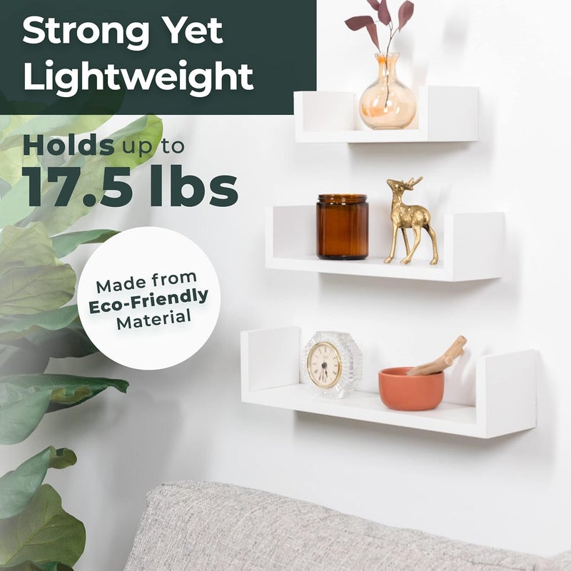 Greenco Set of 3 Floating “U” Shelves, Easy-to-Assemble Floating Wall Mount Shelves for Bedrooms and Living Rooms, White Finish - Image 4